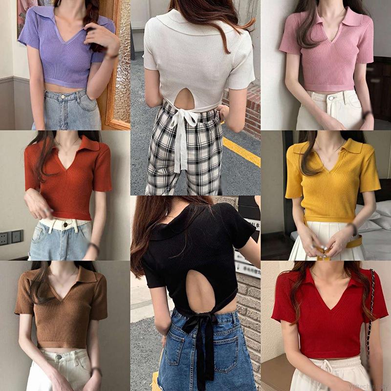 Áo Thun Dệt Kim Tay Ngắn Cổ Chữ V Thiết Kế Hở Lưng Quyến Rũ | BigBuy360 - bigbuy360.vn