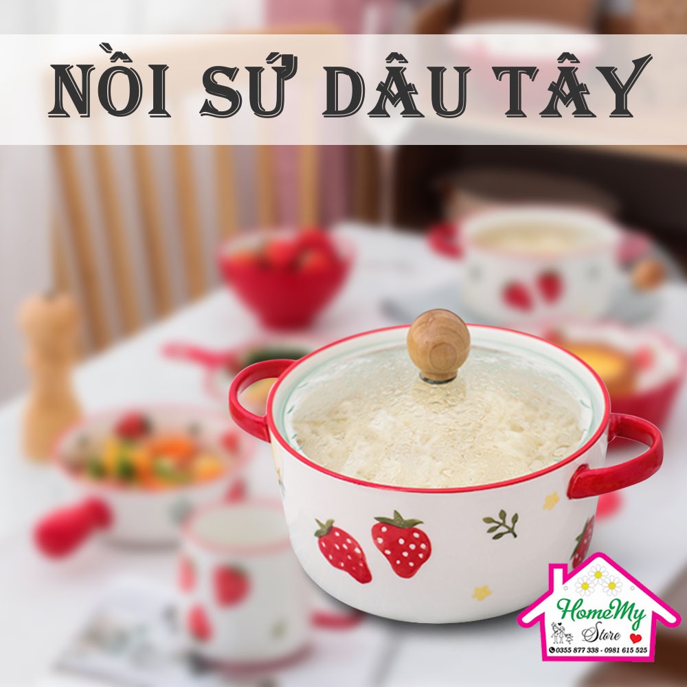 Nồi sứ  Bát Tô to gốm sứ đựng canh họa tiết dâu tây dễ thương nắp kính chịu nhiệt cao trong lò vi sóng gốm Bát Tràng