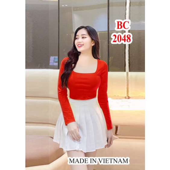 Áo Croptop Cổ Vuông Tay Dài Chất Thun Co Giãn Ôm Dáng Bc2048