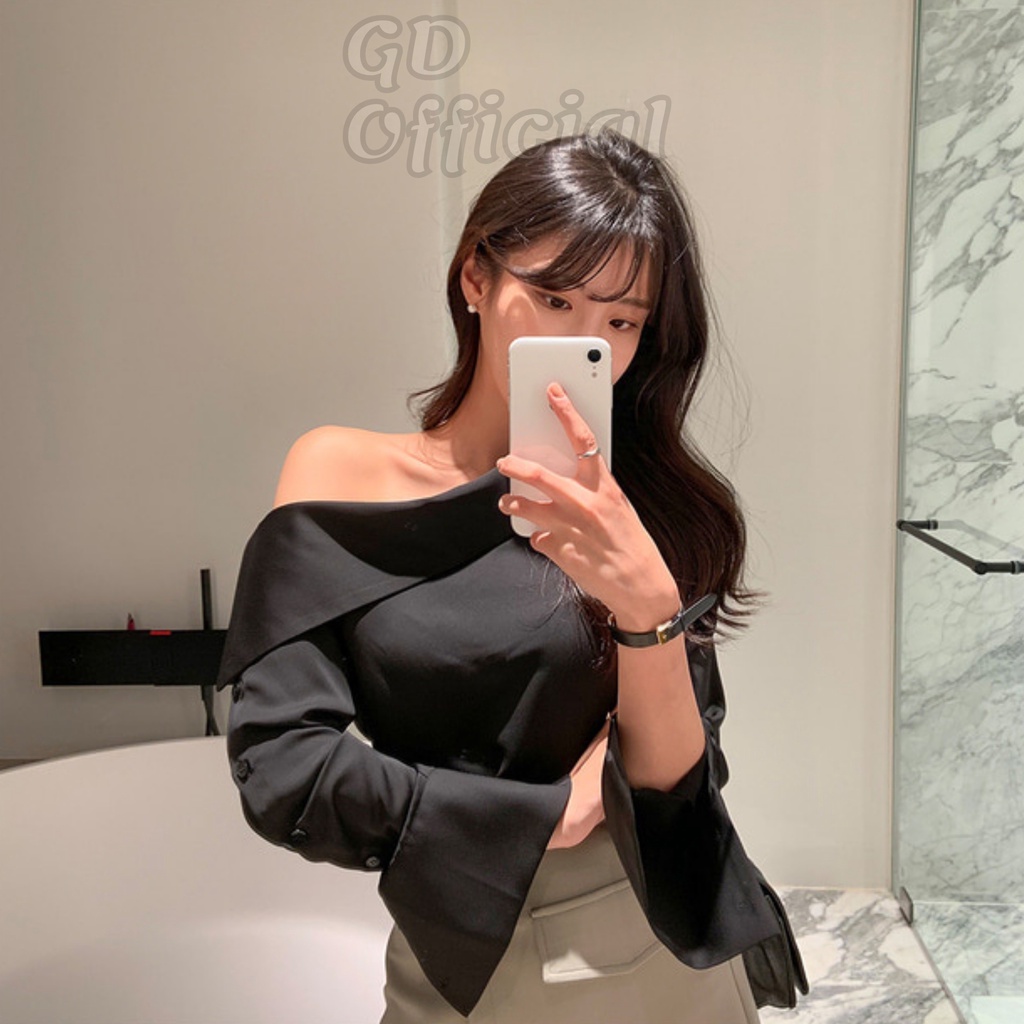 A76|Áo sơ mi hở vai đính dài tay sang trọng thiết kế công sở thanh lịch
