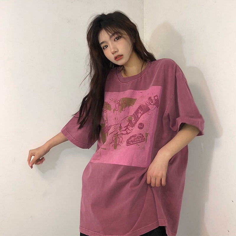 Áo Thun Cotton Ngắn Tay Dáng Rộng In Họa Tiết Kiểu Retro Hàn Quốc Mới