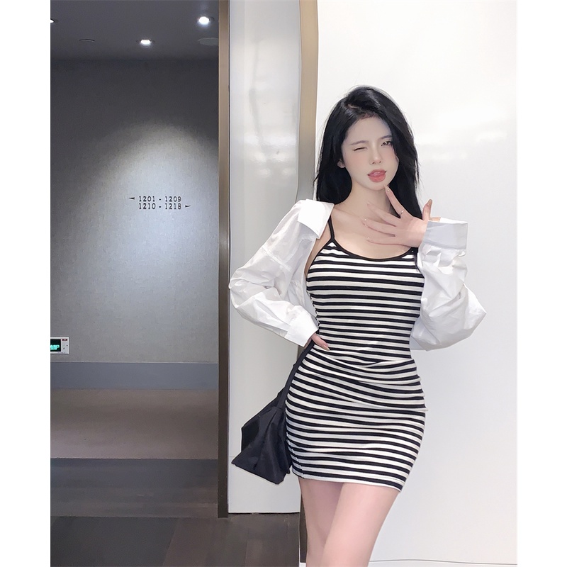 Cocory vn Đầm Hai Dây Dáng Ôm Họa Tiết Kẻ Sọc Thời Trang Mùa Hè Quyến Rũ Cho Nữ