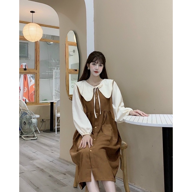 ĐẦM NHUNG PHỐI MÀU TAY DÀI MẶC THU ĐÔNG CHO BẦU