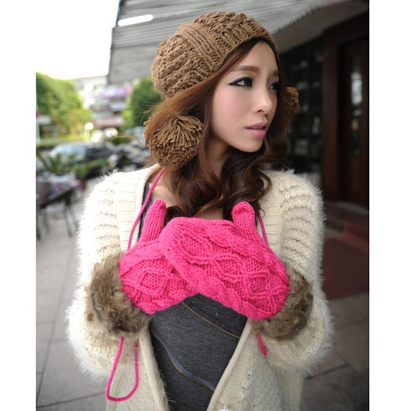 Đôi găng tay màu trơn chất liệu len dệt ấm áp cho nữ