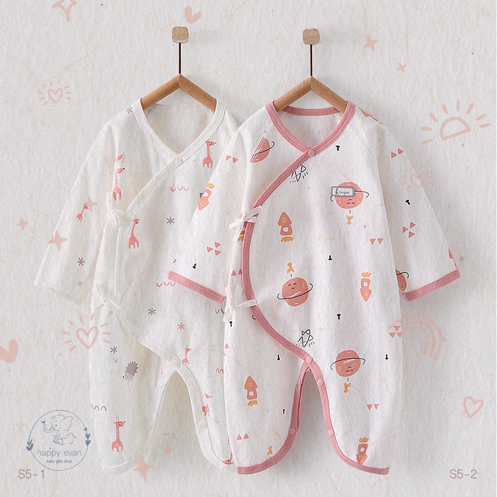 [Freeship] [Auth TONGTAI] sleepsuit vạt chéo dây rút, nút cài đáy quần, hoạ tiết dễ thương, 100% cotton mềm.