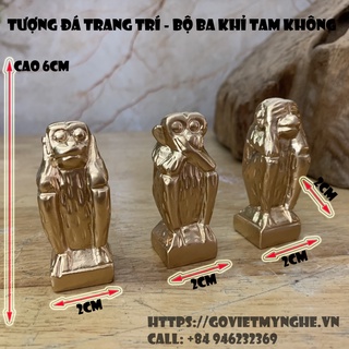 Tượng Đá Bộ Ba Khỉ Tam Không Phong Thủy - Size Nhỏ Cao 6cm - Màu nhũ đồng