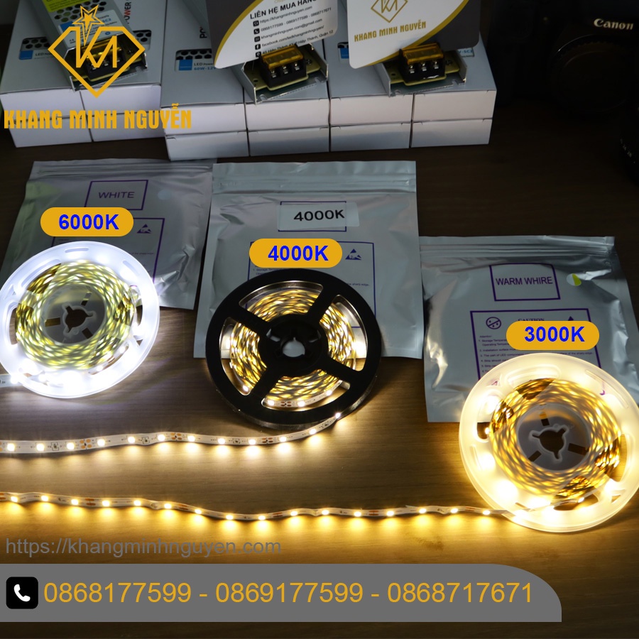 60 Led/mét - LED dây 2835 12V cuộn 5m - có keo dán Ánh sáng trắng 6000K, vàng ấm 3000K, trung tính 4000K