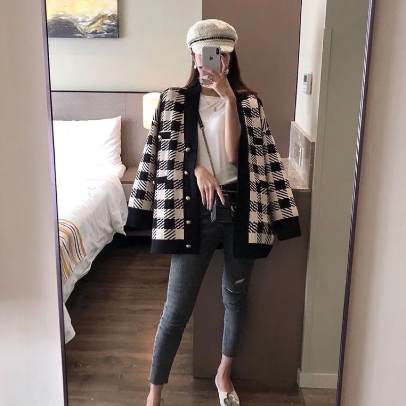Áo khoác cardigan kẻ ô trám siêu xinh