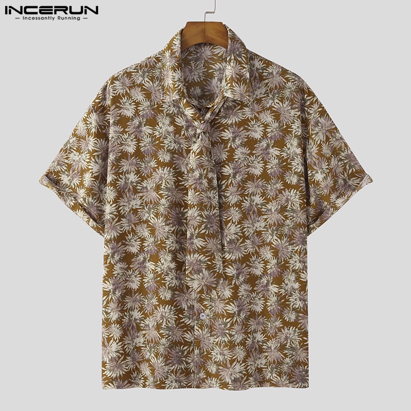 Áo sơ mi INCERUN tay ngắn in họa tiết hoa phong cách thời trang cho nam