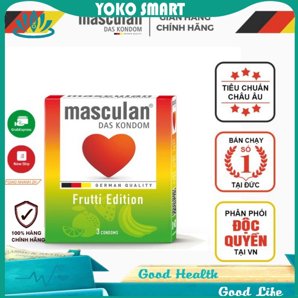 Bao cao su Đức Masculan - Hương hoa quả (Táo, Dâu tây, Hoa quả nhiệt đới) - Frutti Edition - 3 bao Yoko