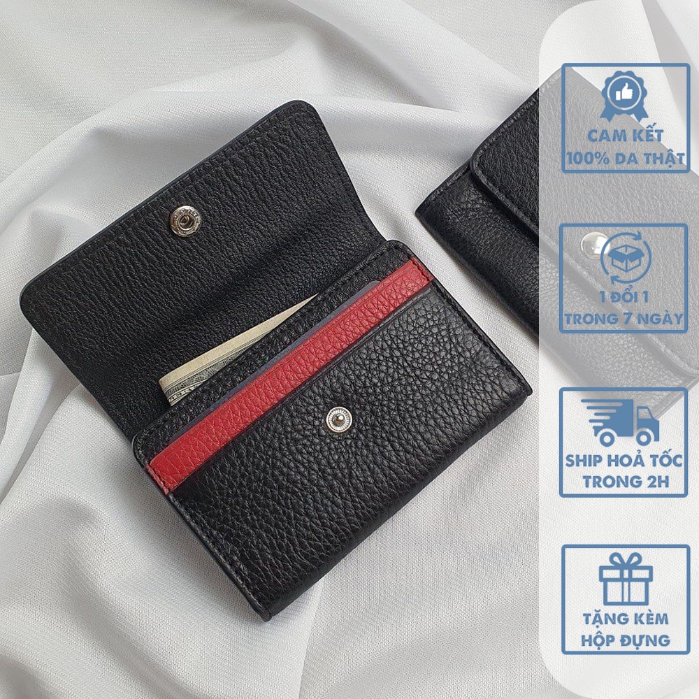 Ví da mini nam/nữ Đen mesh đỏ Cao Cấp – MN115, BH 3 Năm, Ví nhỏ