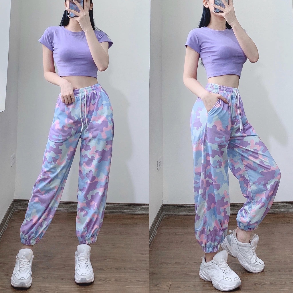 UNISEX - SET ÁO CROPTOP BODY MÀU TÍM + QUẦN CAMO ULZZANG - QUẦN HỌA TIẾT RẰN RI BO ỐNG - STE ULZZANG