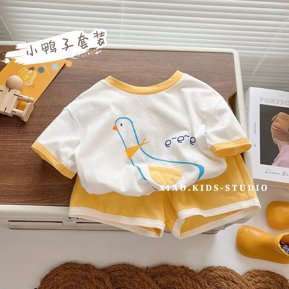 Bộ Áo Thun Cotton Ngắn Tay In Hoạt Hình + Quần Short Thời Trang Mùa Hè Hàn Quốc Dành Cho Bé Trai