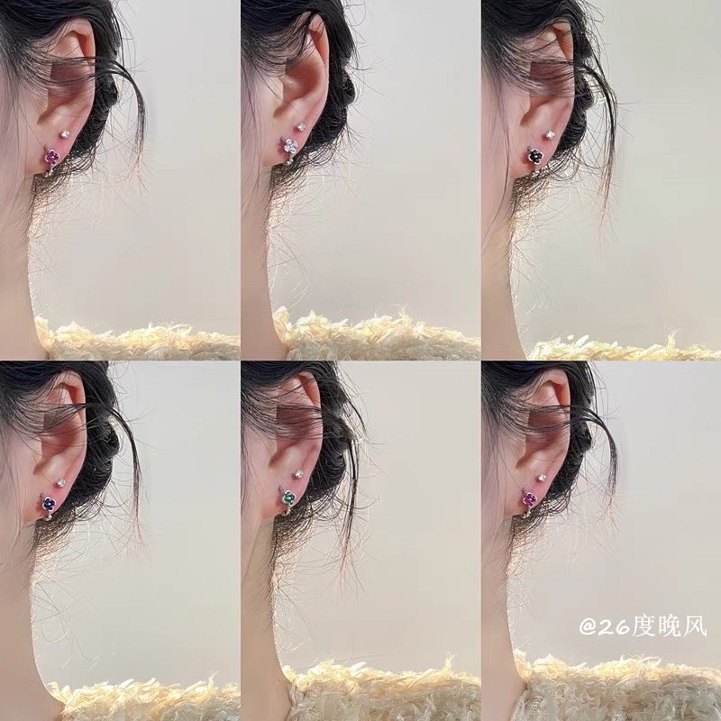 1 chiếc bông tai khoen hoa đá màu