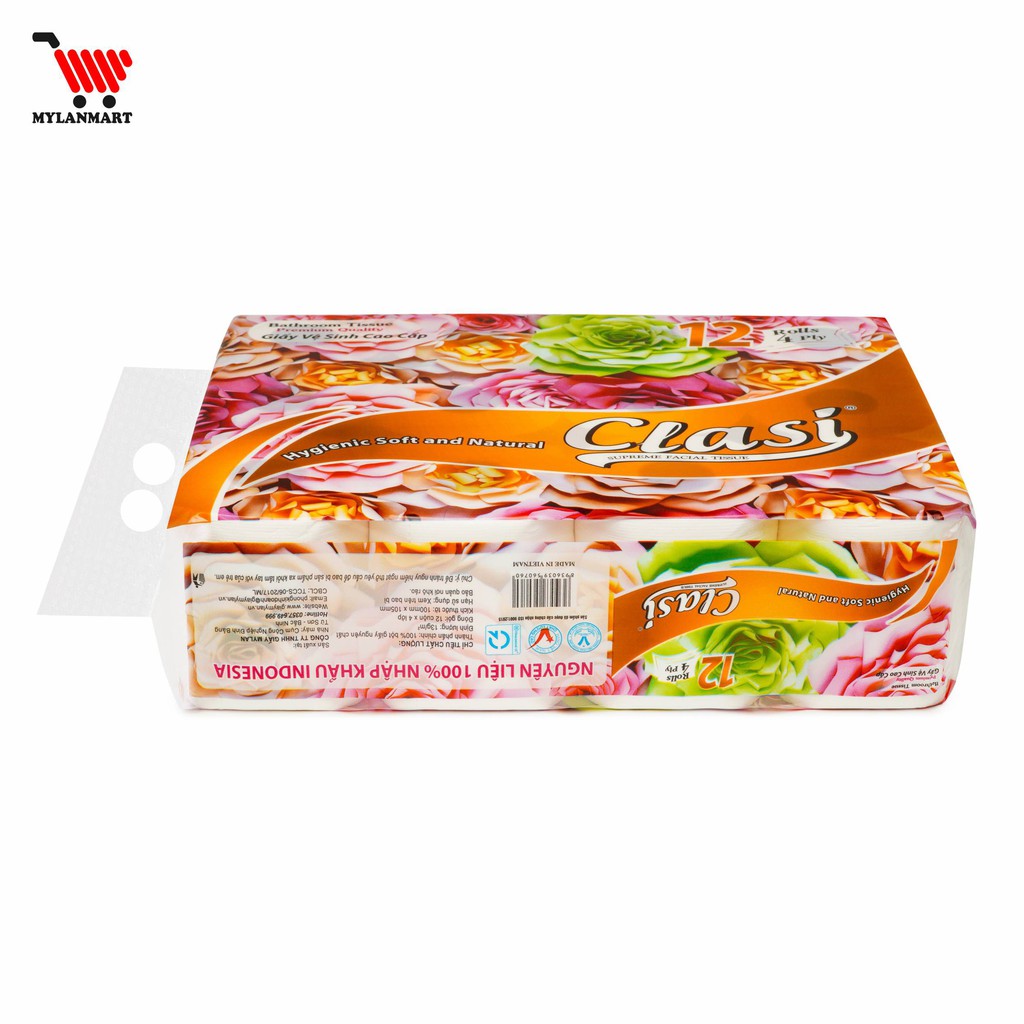 Giấy Vệ Sinh Clasi Hoa Hồng 4 Lớp Mylan (12 Cuộn/1.7kg/Xách) siêu dai, mềm mịn, tan nhanh trong nước