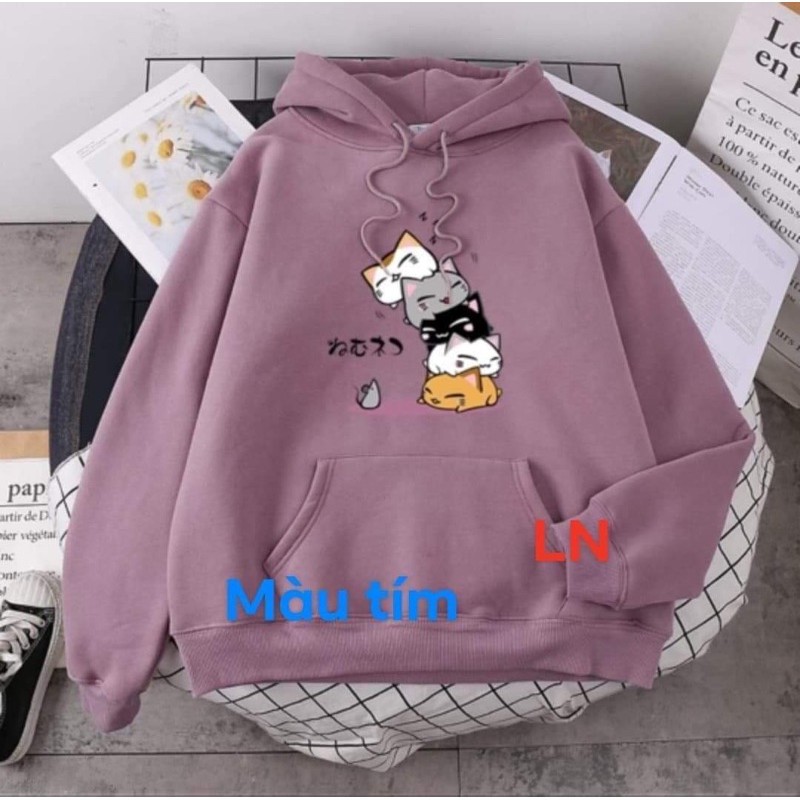 Áo hoodie năm chú mèo chồng lên nhau LN11, Áo nỉ Unisex from rộng, Chất nỉ ấm mặc không xù, thiết kế phong cách - MODY
