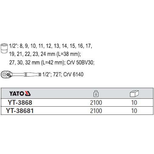 Bộ tuýp tay vặn 1/2" 19 chi tiết Yato YT-3868