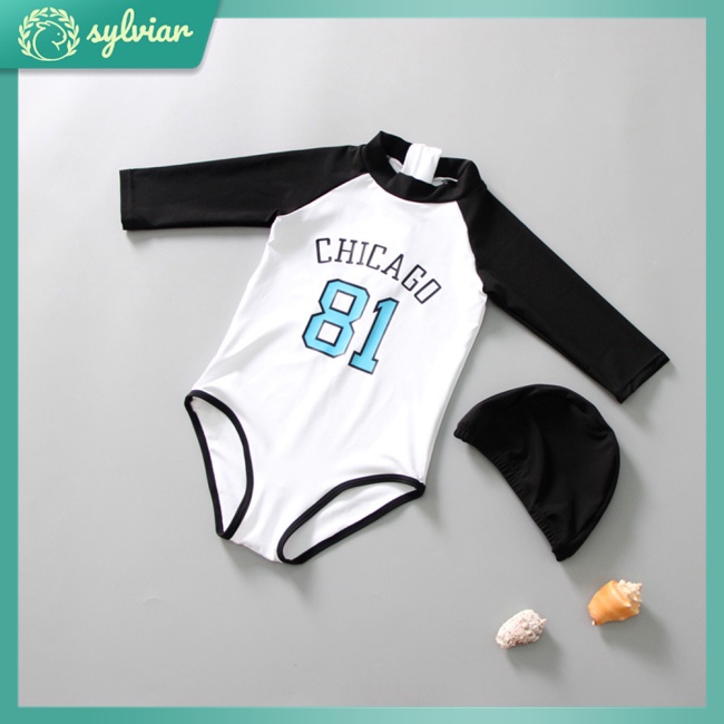 Bộ Đồ Bơi Một Mảnh Tay Dài Chống Nắng + Mũ Bơi Dành Cho Bé 2-7 Tuổi