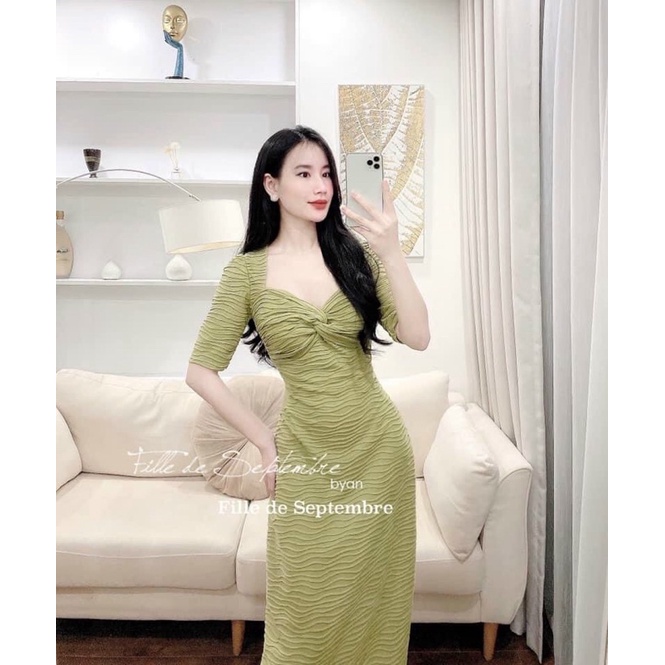 13389 đầm xanh xoắn ngực vằn