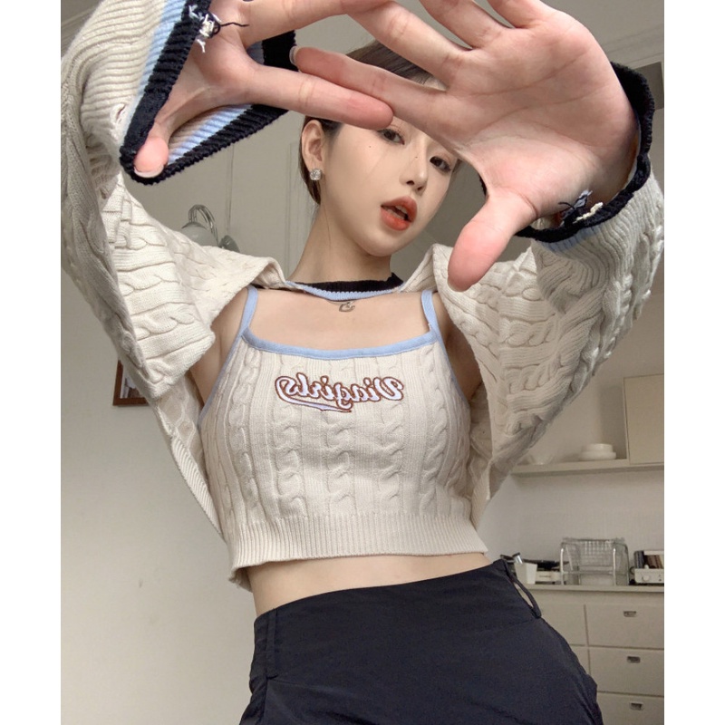 Set Áo Hai Dây Dệt Kim Thêu Họa Tiết Xinh Xắn Cho Nữ