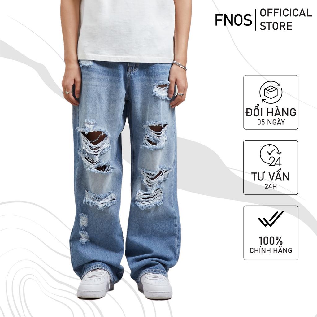 Quần jean nam streetwear cao cấp FNOS ERG6 màu xanh, dáng rộng, chất liệu không co giãn