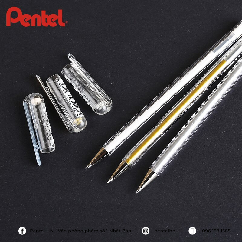 Bút Nhũ Pentel K108 Hybrid Roller | Màu Nhũ Tươi Sáng Nhanh Khô Không Lem Nhòe | Ngòi 0.8mm 3 Màu Mực (vàng, bạc, trắng)