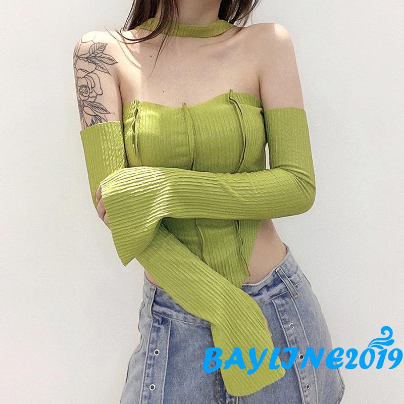 BAY-Women´s Crop Tops, Halter Neck Off Shoulder Long Sleeve Solid Color T-Shirt for Young Ladies