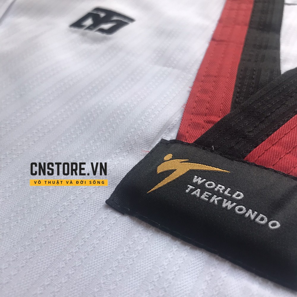 Võ Phục Taekwondo Cổ Đỏ Đen Vải Sọc Mooto Loại Tốt