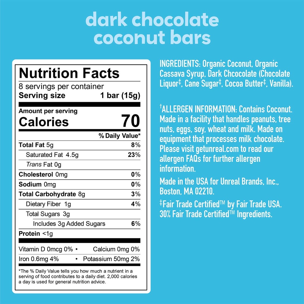 TÚI SOCOLA ĐEN BỌC CƠM DỪA UNREAL Dark Chocolate Coconut Bars, Vegan, Gluten Free, Non-GMO, No Sugar/Soy, 120g