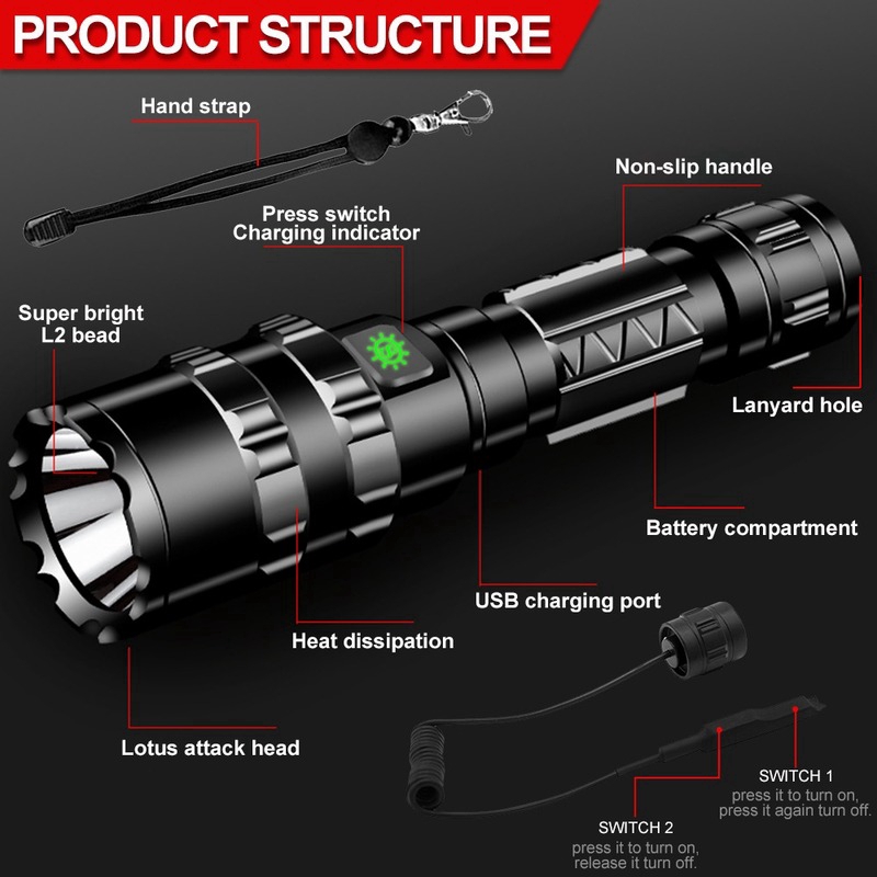 Săn bắn Đèn pin chiến thuật chuyên nghiệp Đèn pin USB có thể sạc lại không thấm nước Đèn chiếu sáng L2 màu trắng