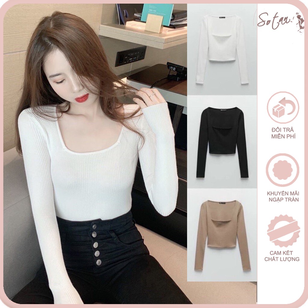 Áo dài tay nữ cổ vuông, áo thun nữ tay dài bozip vải đẹp mặc tôn dáng | BigBuy360 - bigbuy360.vn