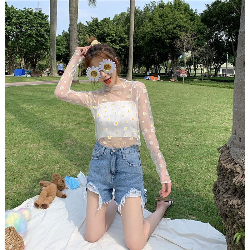 SUXI Áo Tay Dài Dáng Rộng Phối Lưới In Hình Hoa Cúc Kiểu Hàn Quốc Xinh Xắn Cho Nữ