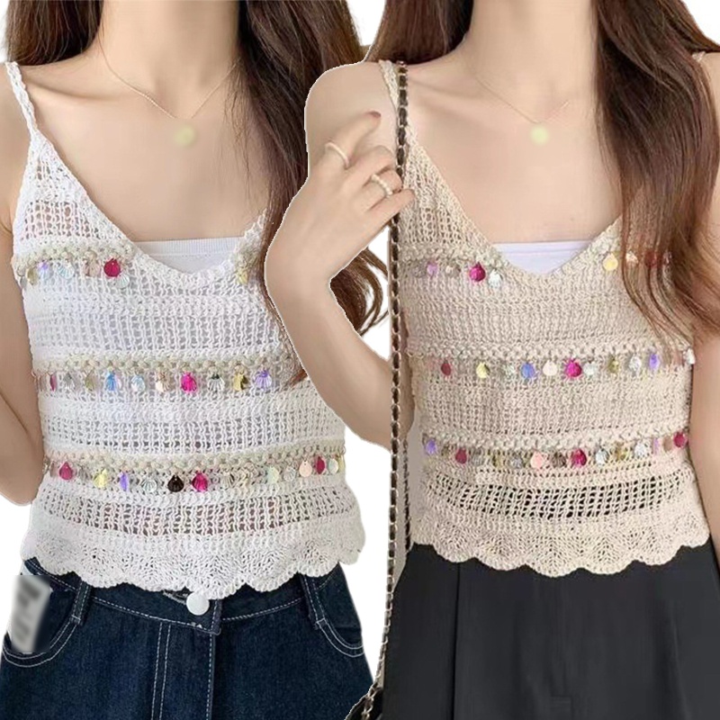 Áo Croptop Dệt Kim Sát Nách Cổ Chữ V Phối Tua Rua Đính Kim Sa Lấp Lánh Thời Trang Đi Biển Cho Nữ