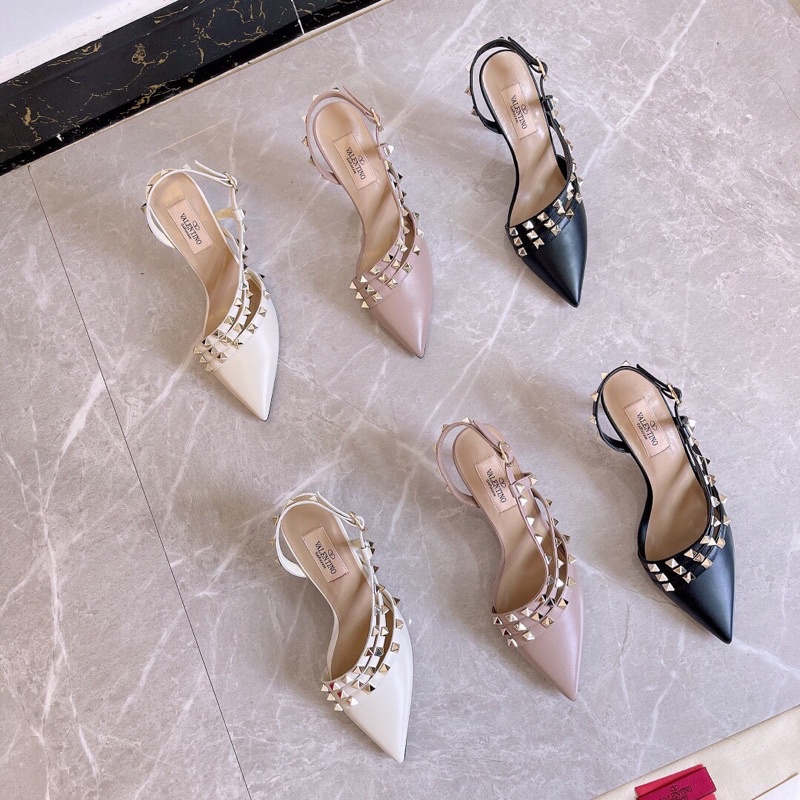 giày cao gót nữ mũi nhọn hoạ tiết đính đá viền gót hai loại gót 9cm/6.5cm valentino