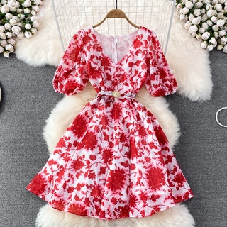 #1738 [Order]  Mùa hè Gió nhẹ nhàng Cổ chữ V Thắt lưng mỏng bong bóng Tay ngắn A-Line Đầm xích đu lớn Nữ