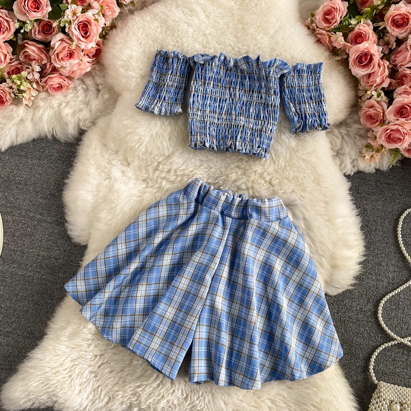 Set áo bẹt vai nhún croptop và quần giả váy họa tiết caro nhiều màu,  trend Rose