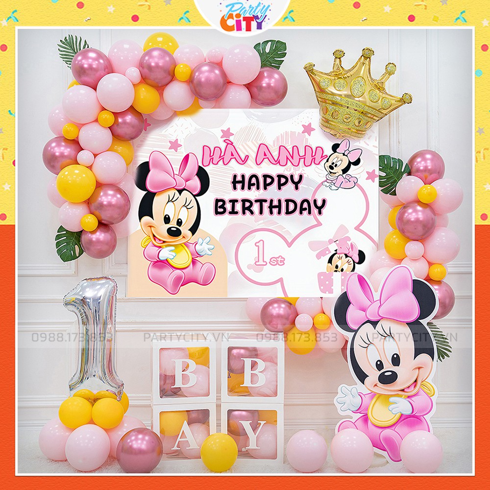 (+ Backdrop )Combo set trang trí sinh nhật thôi nôi đầy tháng bé gái tuổi chuột - TRANG TRÍ SINH NHẬT Partycityvn HR010