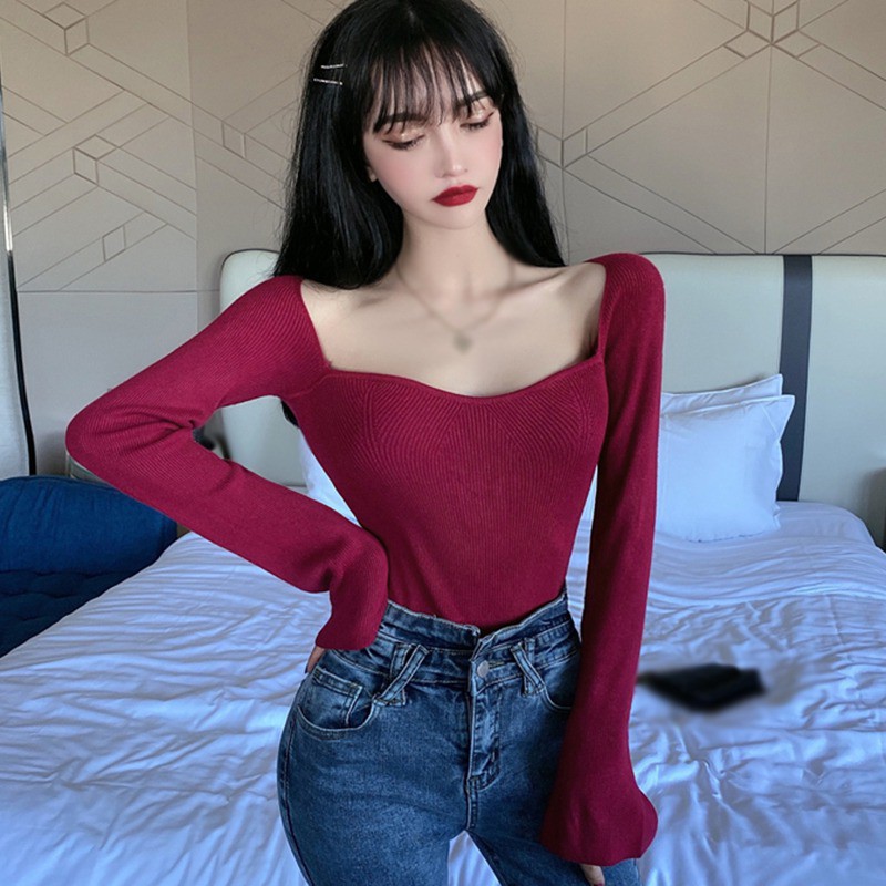 Ladies Sexy Solid Square Collar Slim Long Sleeve Sweat Bace Tops