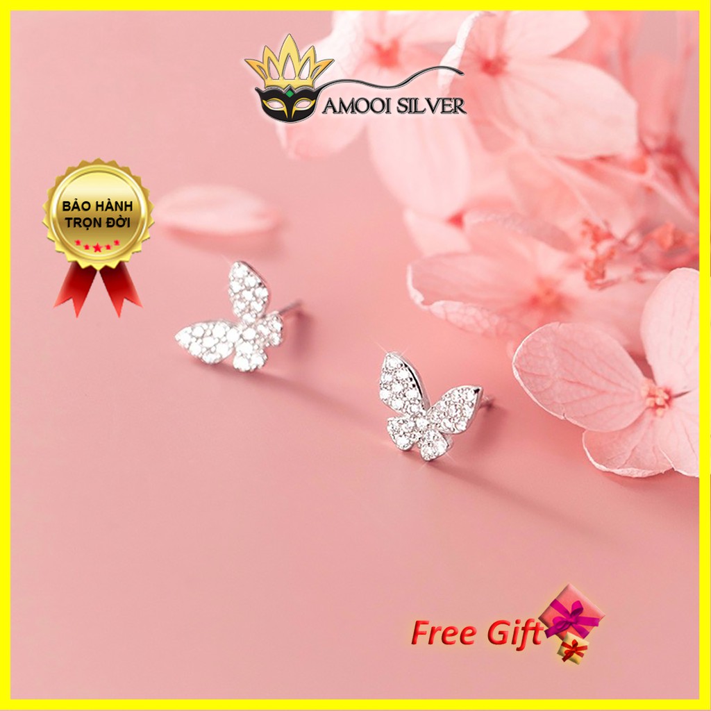 Bông tai bạc S925 bướm nạm đá CZ - Amooi Silver AB162