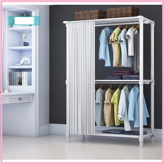 re0506 Tủ treo quần áo khung sắt 2 tầng có rèm 80cm - Giàn treo quần áo kèm rèm