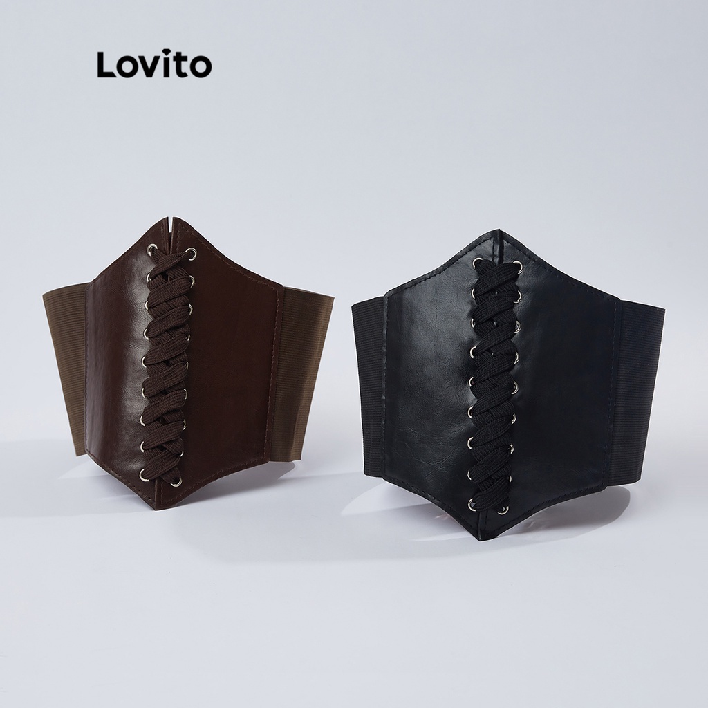 Áo corset Lovito màu trơn phối dây rút cột dây qua khoen định hình cơ thể phong cách thường ngày L18X348 (Màu cà phê/đen)