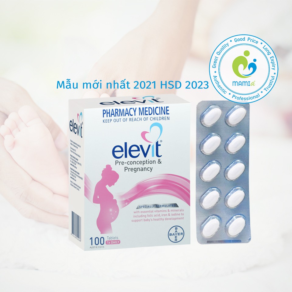 Vitamin bầu bú (100v/60v) bổ sung vitamin A, B, C, D, E, B9, canxi, kẽm cho mẹ bầu và mẹ sau sinh Elevit, Úc