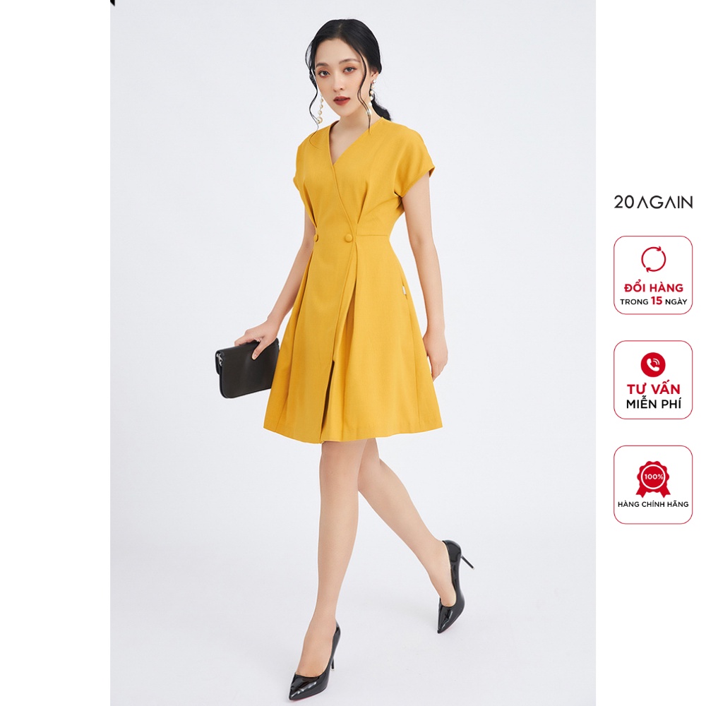 Đầm xòe nữ công sở ngắn tay liền vai vạt chồng 20AGAIN Váy xoè nữ DEA1118