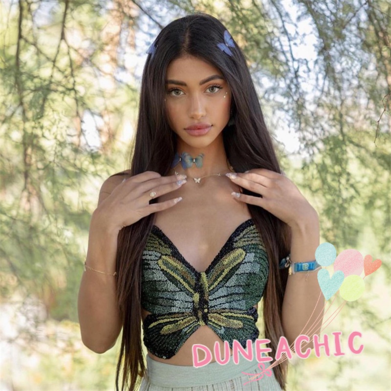 DUNEA Áo Hai Dây Cổ Yếm In Họa Tiết Bướm Quyến Rũ Cho Nữ