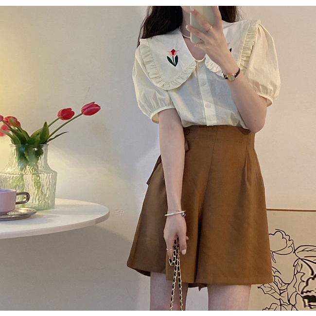 Set Áo Sơ Mi Tay Ngắn Cổ Đứng + Quần Short Ống Rộng Thời Trang Pháp Cho Nữ