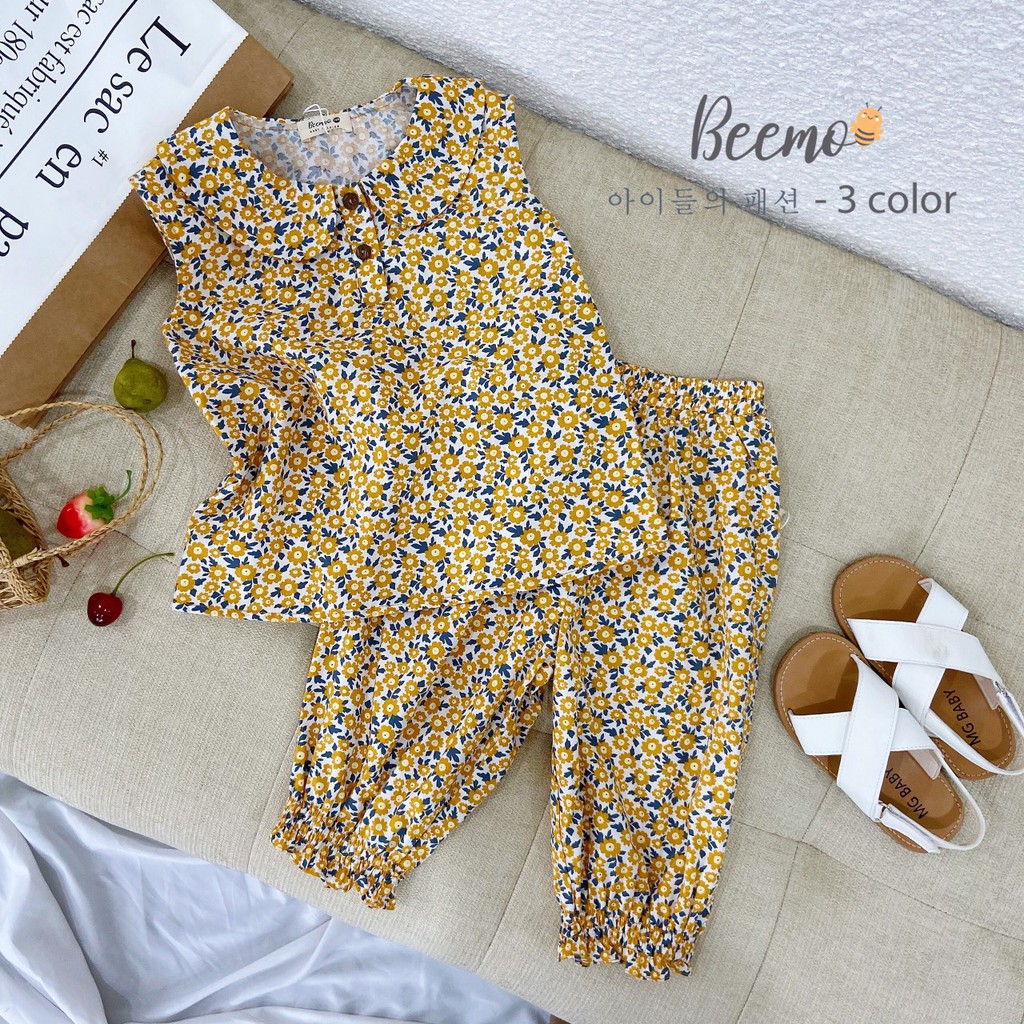 Sét bộ ba lỗ hoa nhí bé gái Beemo - Chất liệu thô mềm, form áo xuông phối quần bo gấu, họa tiết hoa nhí điệu đà B053