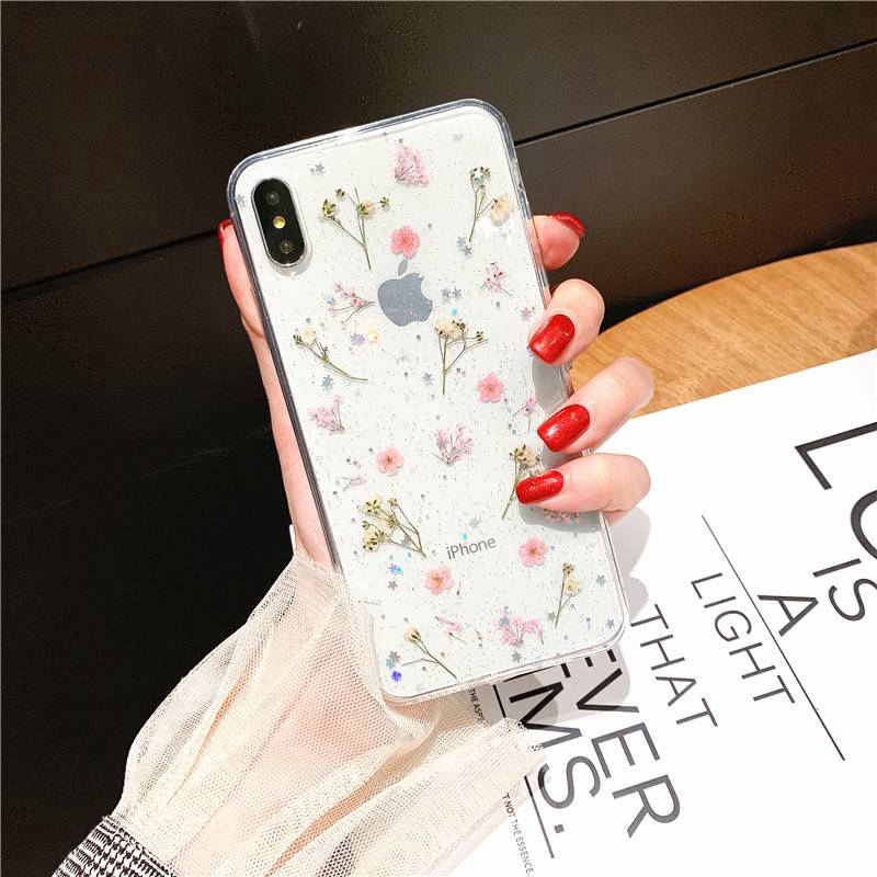 Ốp điện thoại mềm trong suốt trang trí hoa khô kim tuyến cho iPhone 8 7 Plus 6 6s SE 2020 iPhone X XR 11 Pro XS MAX