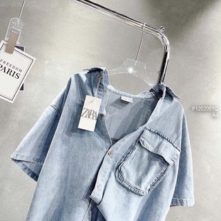 Áo sơ mi jean đắp một túi hộp trước tay ngắn!nn