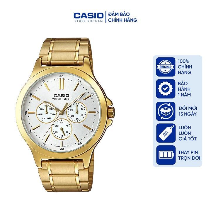 Đồng hồ Nam Casio MTP-V300G-7AUDF, đồng hồ chính hãng, dây vàng mặt trắng, 6 kim
