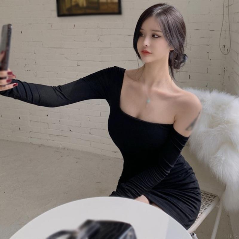 Đầm Body Tay Dài Màu Sắc Retro Phong Cách Hàn Quốc